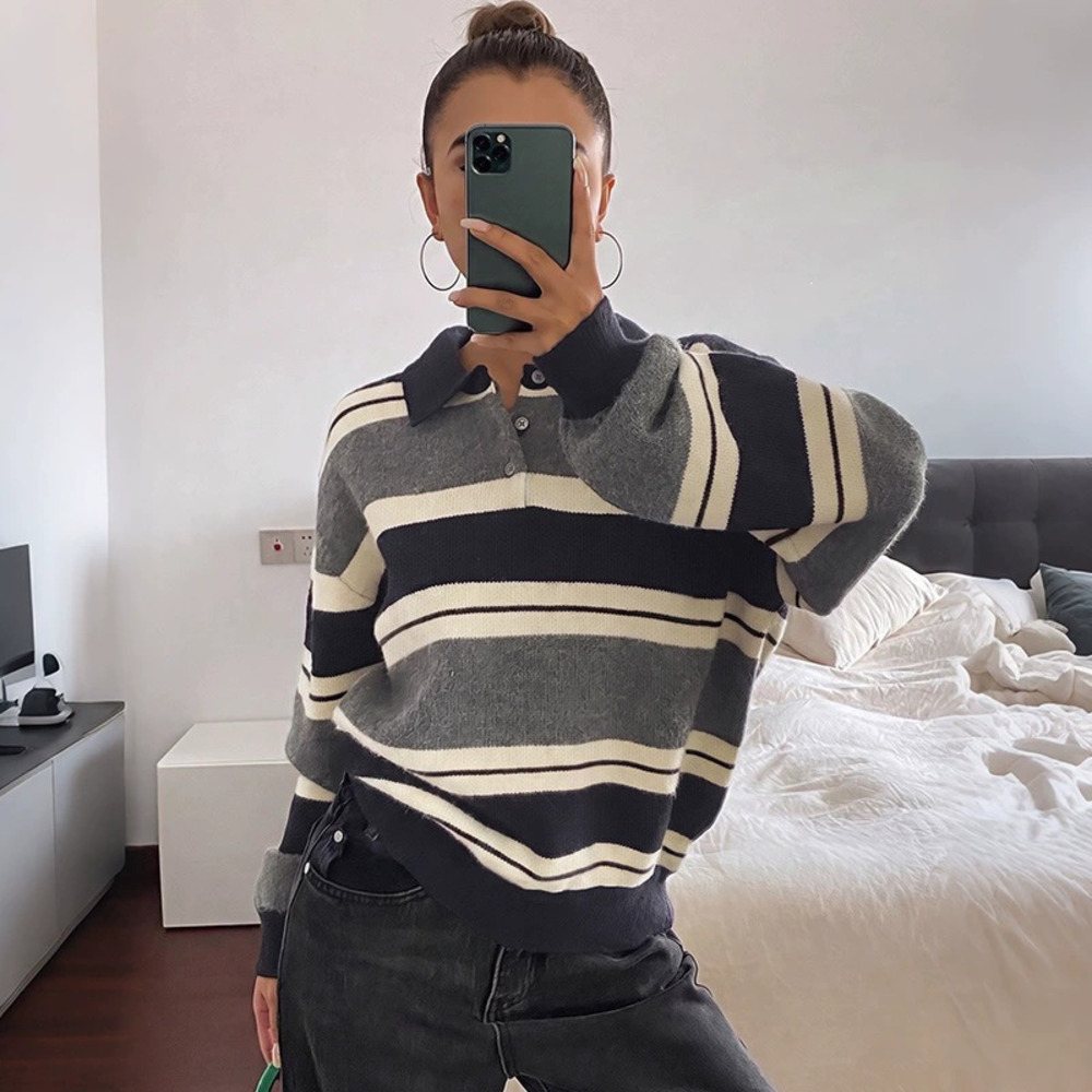 Womens Fall Layering Oversized Striped Contrast Shirt Collar Knit Sweater